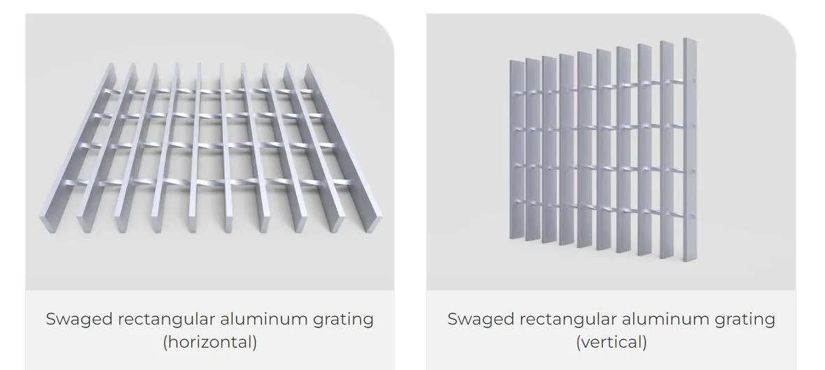 Swaged rectangular aluminum grating